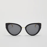 black cateye sunglasses with gold temples